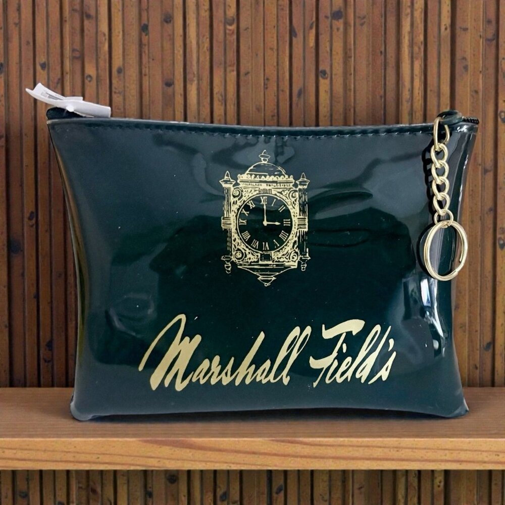 Marshall Field’s Green Cosmetic Bag w/ Gold Clock Logo – Zipper Pouch
